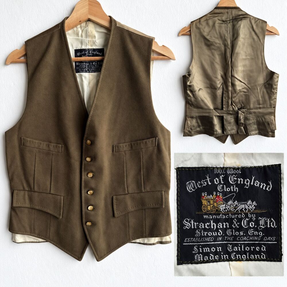 VTG Strachan Co West of England Cloth Wool Vest Waistcoat Men's 34 Olive Green